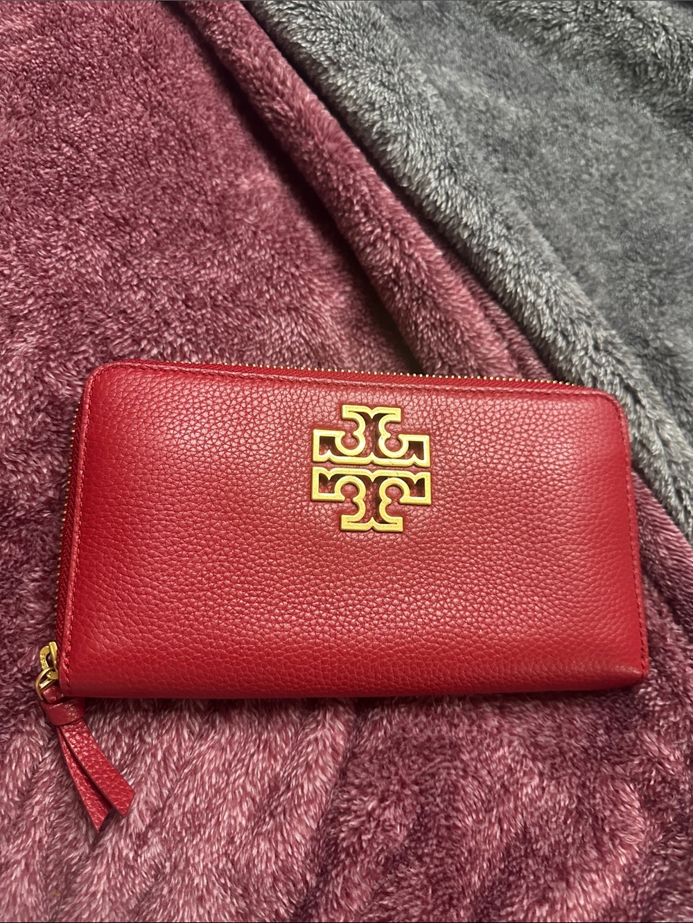 Tory Burch Red Leather Zip-Around Wallet with Gold Logo Detail